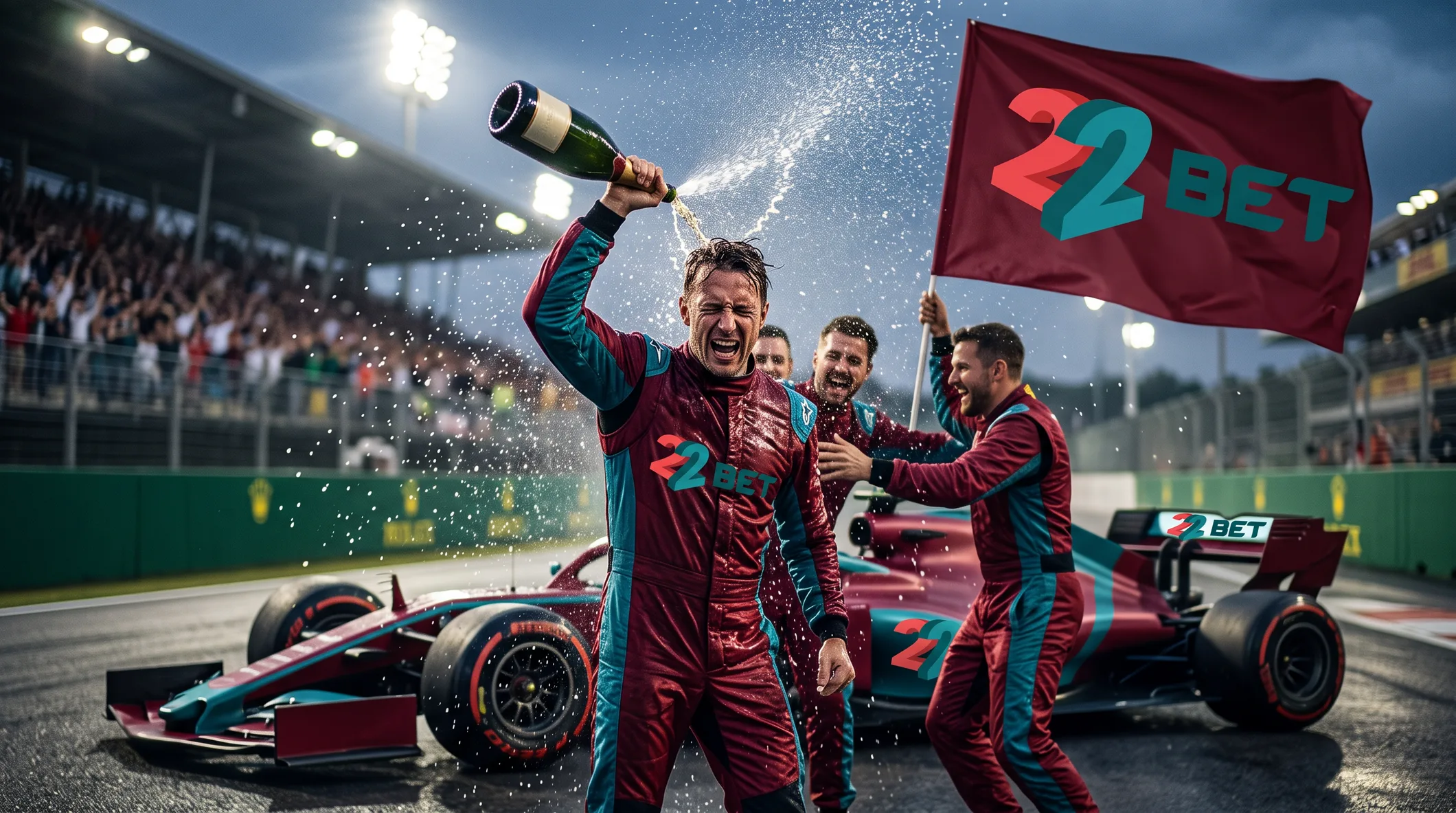 A 22Bet racing team celebrating with champagne