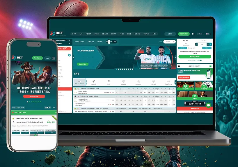 The 22Bet sportsbook open on a laptop and a phone