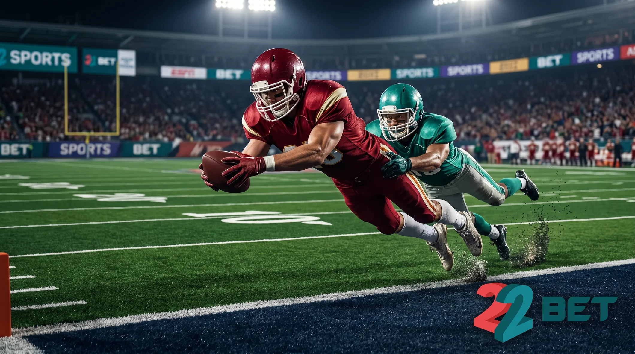 A 22Bet player diving into the end zone
