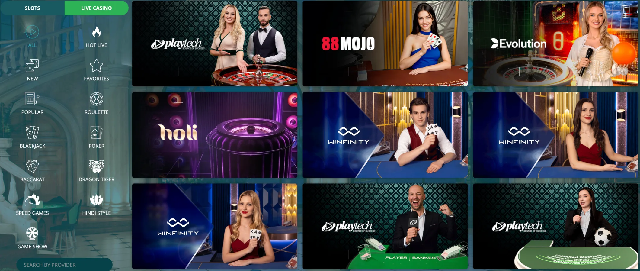 The 22Bet live dealer lobby with tables streaming