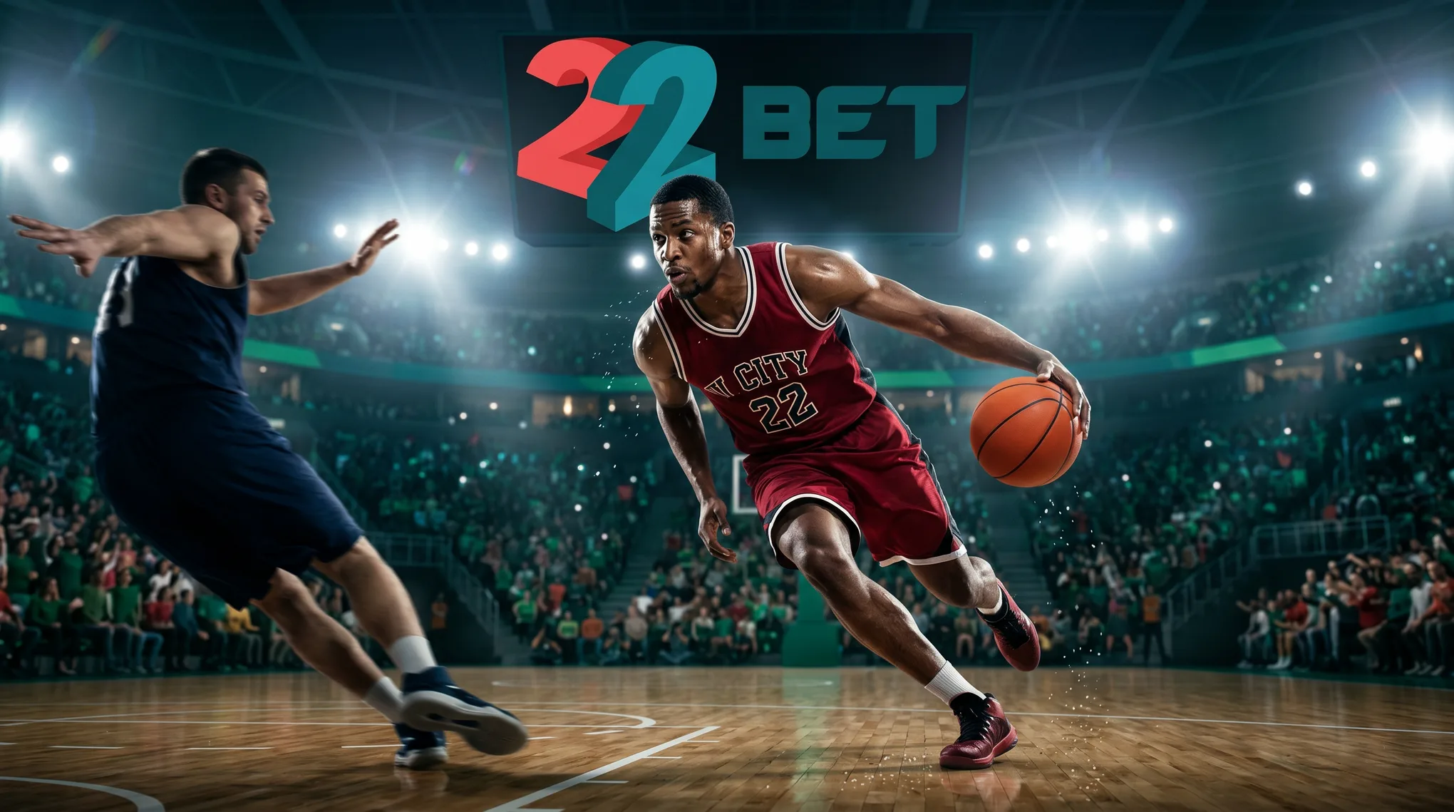 A 22Bet basketball player driving to the basket
