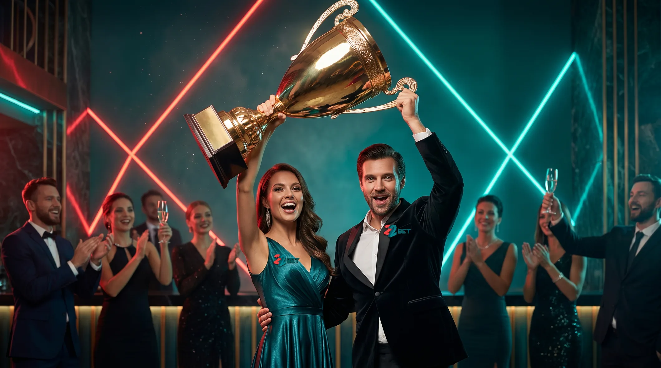A 22Bet couple lifting the trophy in the casino