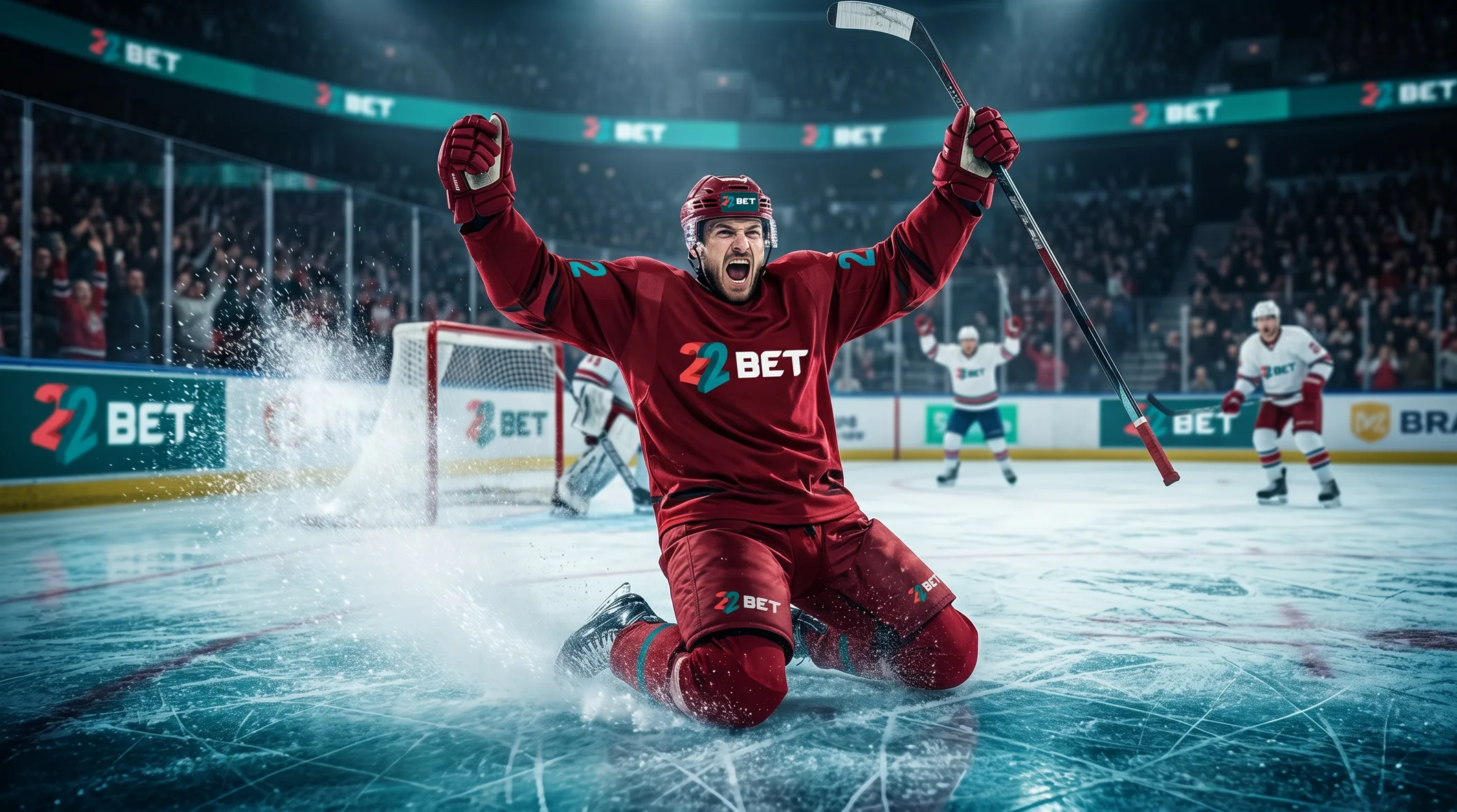 A 22Bet hockey player celebrating a goal on the ice