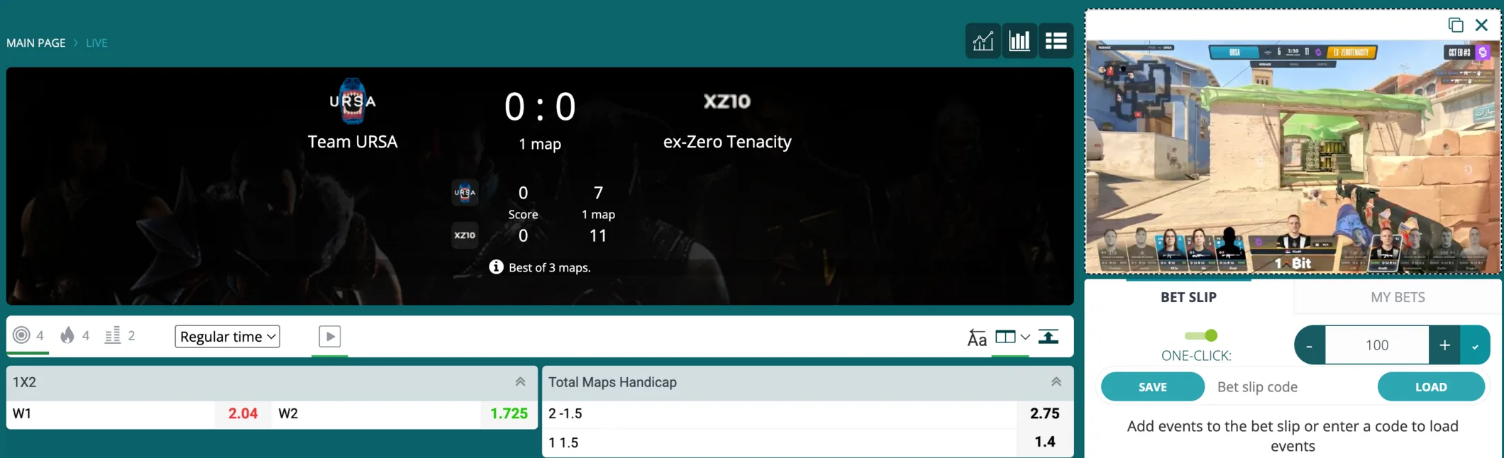 A 22Bet live esports match with the stream and betslip on one screen