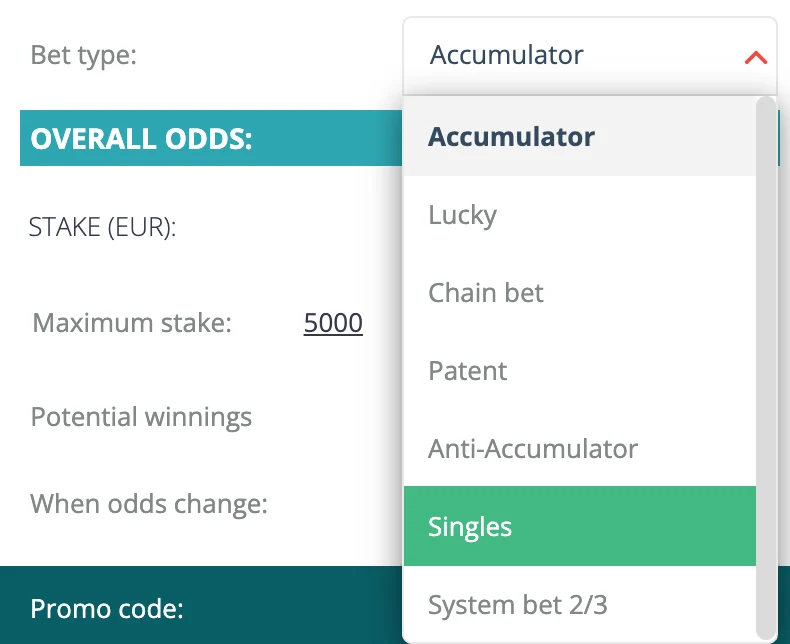 The 22Bet betslip with the bet type list open