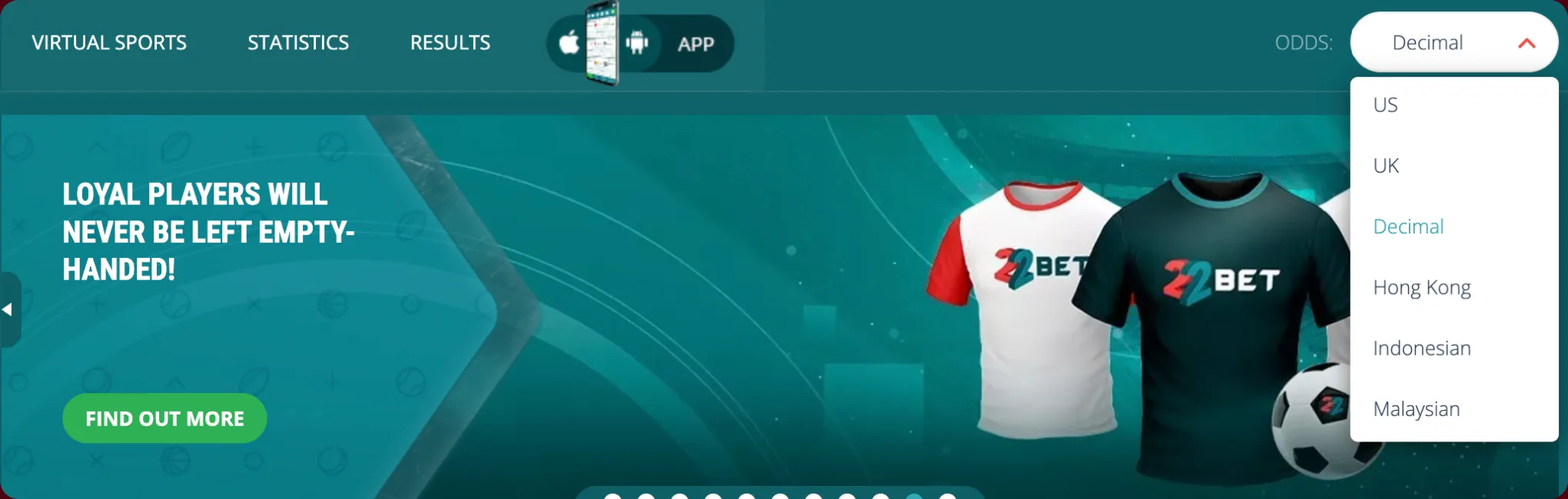 The 22Bet odds format selector open on the sportsbook header