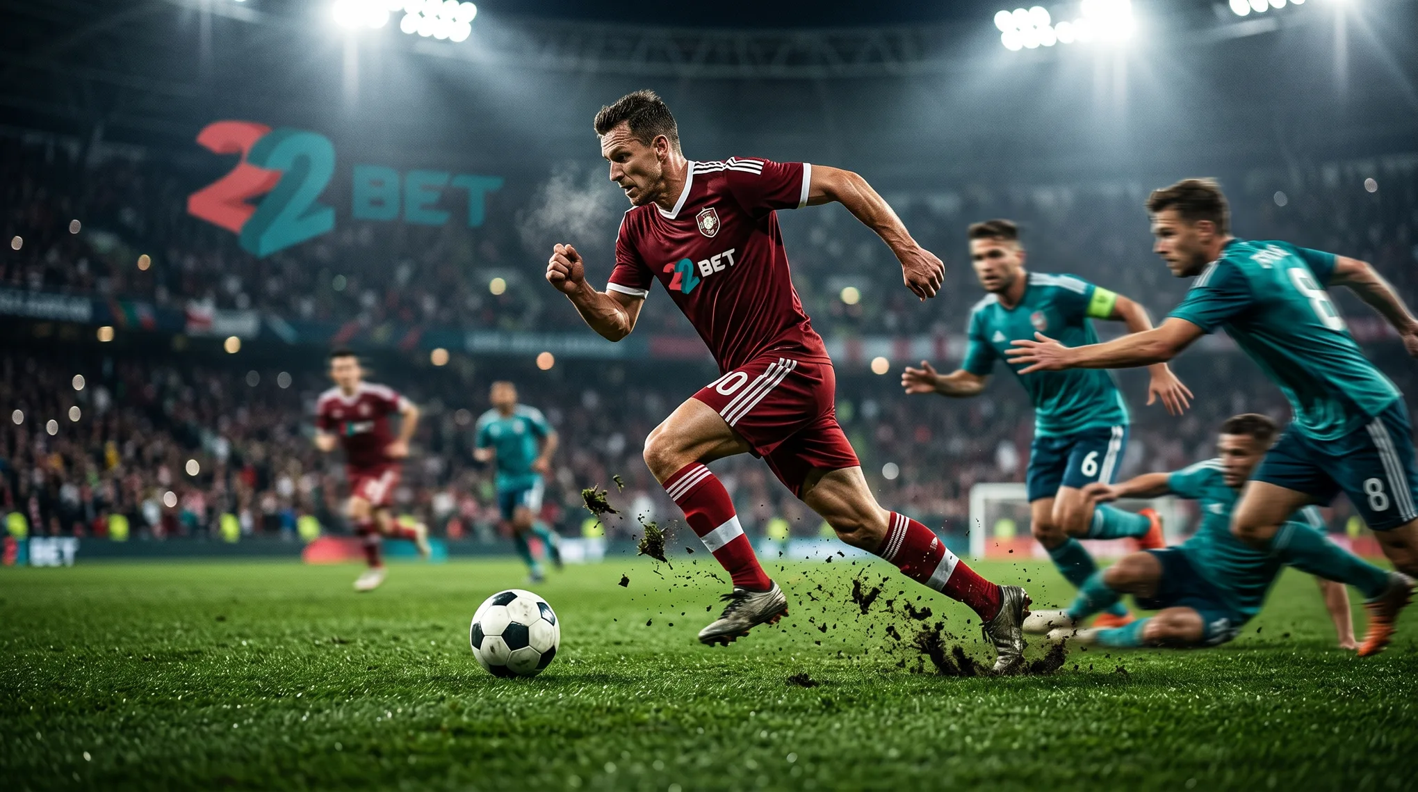 A 22Bet footballer breaking away with the ball under floodlights