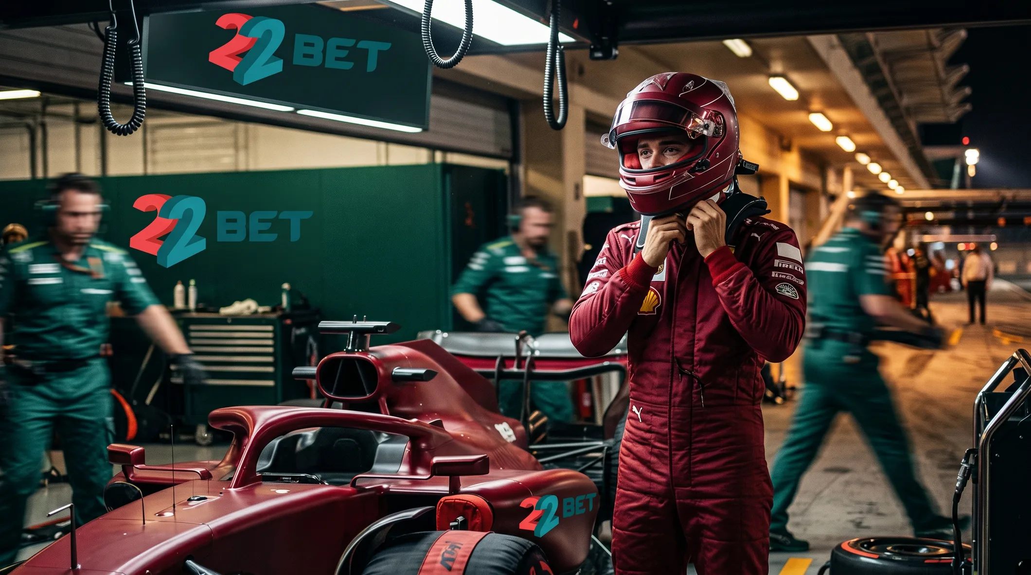 A 22Bet racing driver in the pit garage