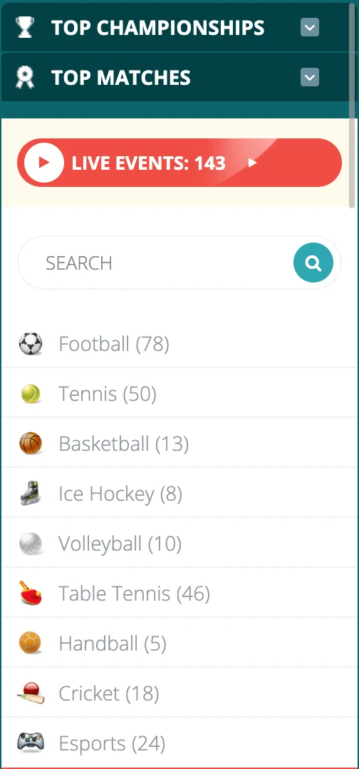 The 22Bet sports sidebar with the full list of disciplines