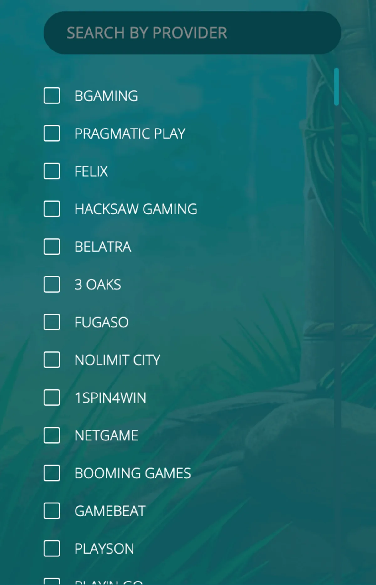 The 22Bet slots filter listing the game providers