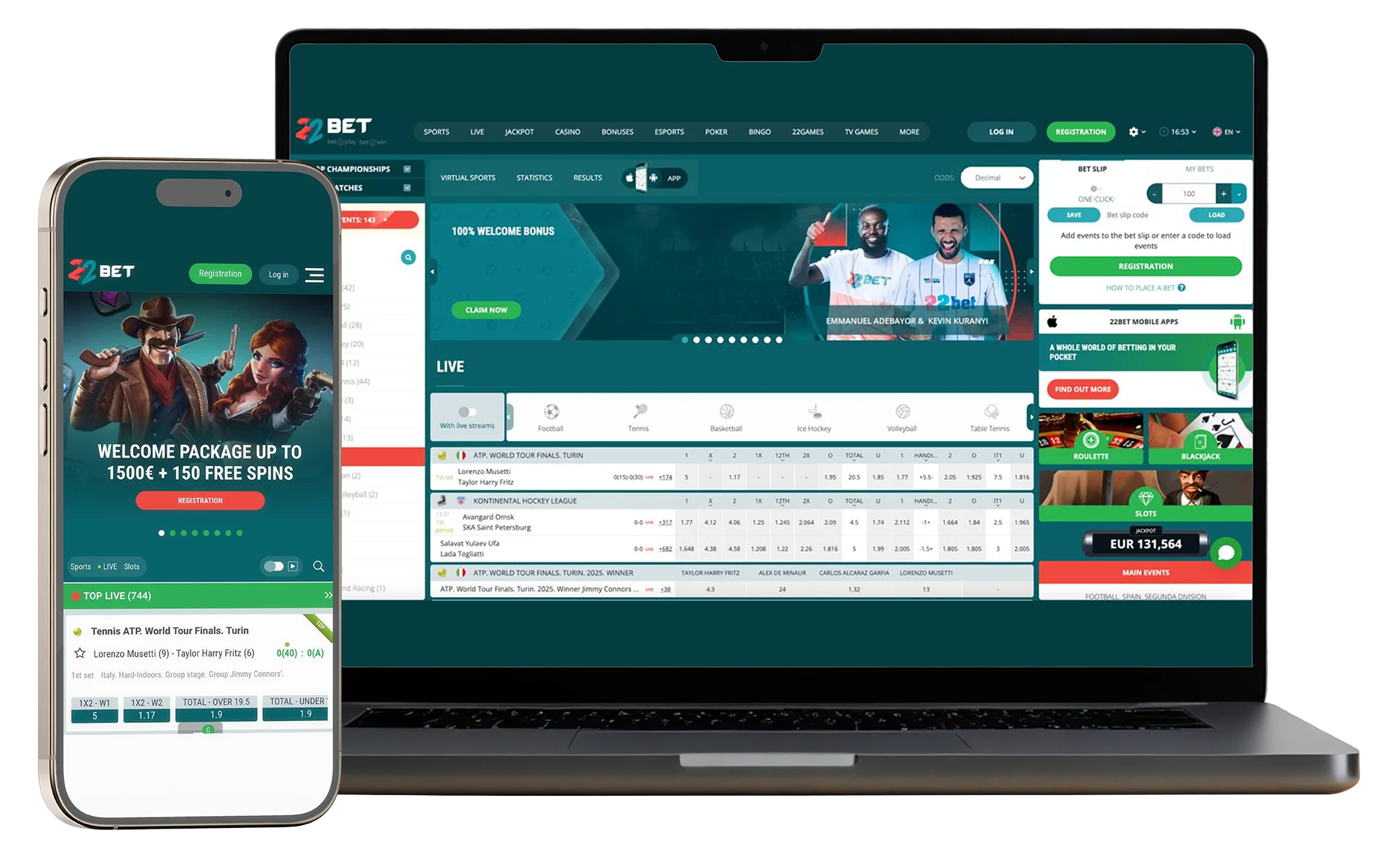 The 22Bet mobile site open on a phone and a laptop