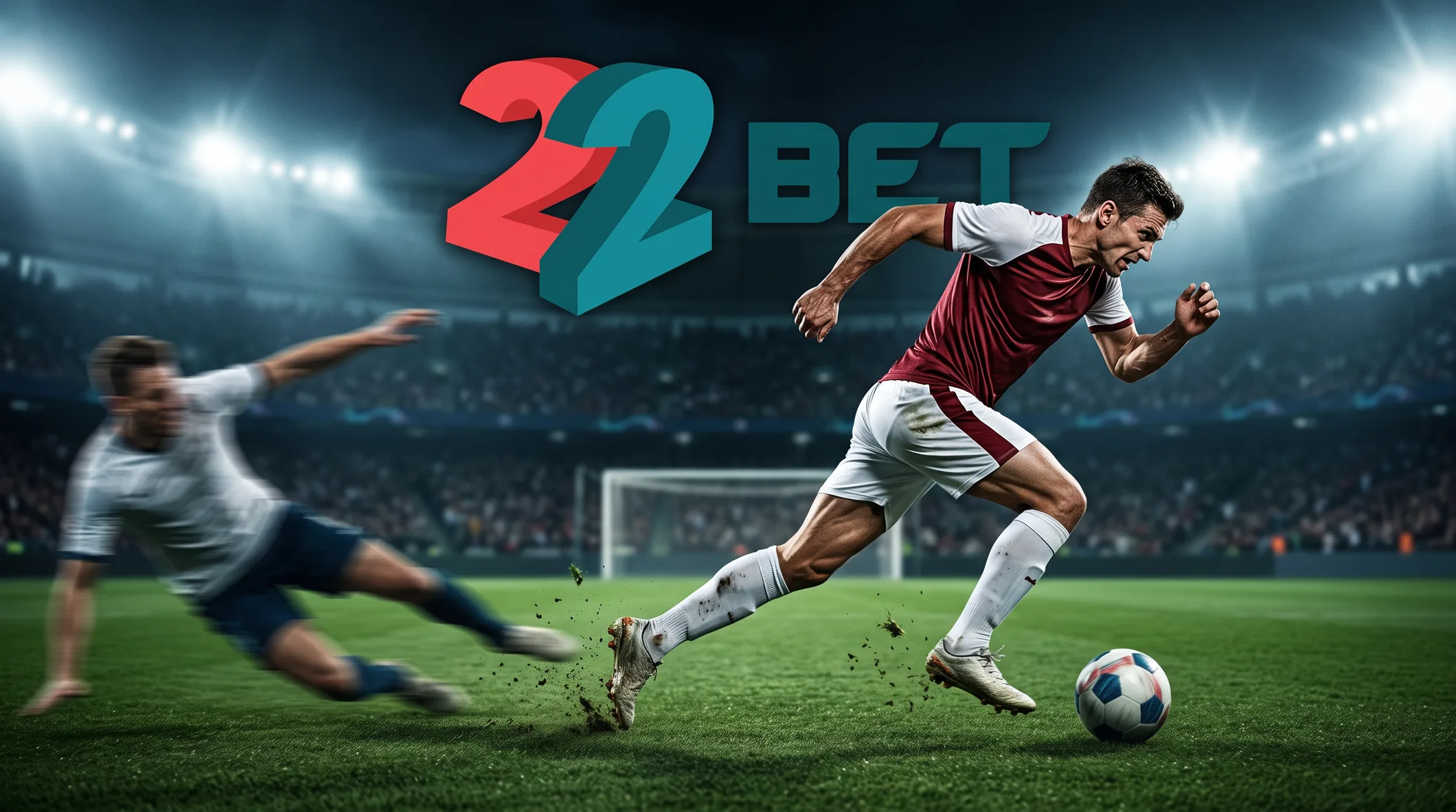 A 22Bet footballer shielding the ball under floodlights