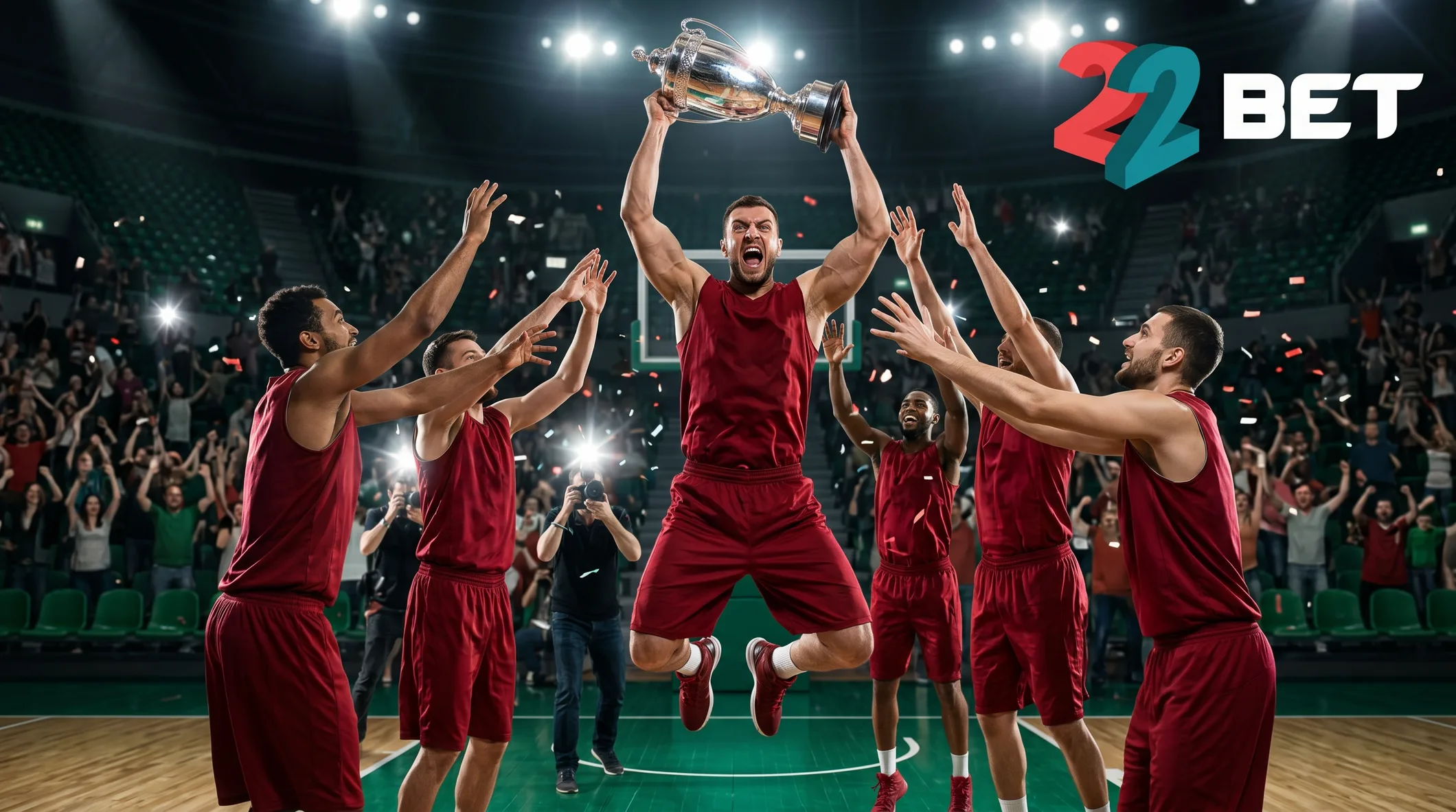 A 22Bet basketball team lifting the trophy