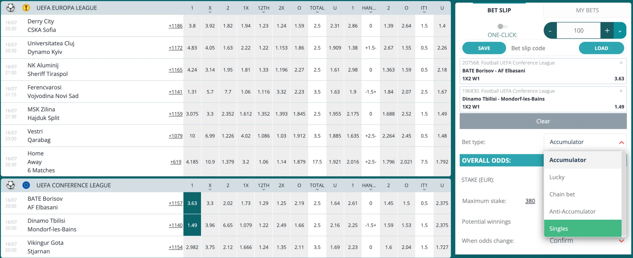 The 22Bet betslip beside a full list of football markets