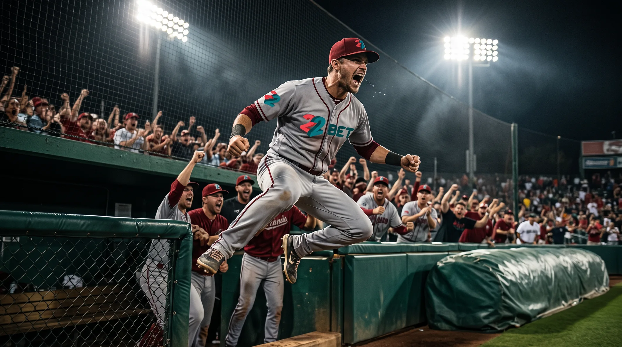 A 22Bet player leaping the dugout rail as the crowd erupts